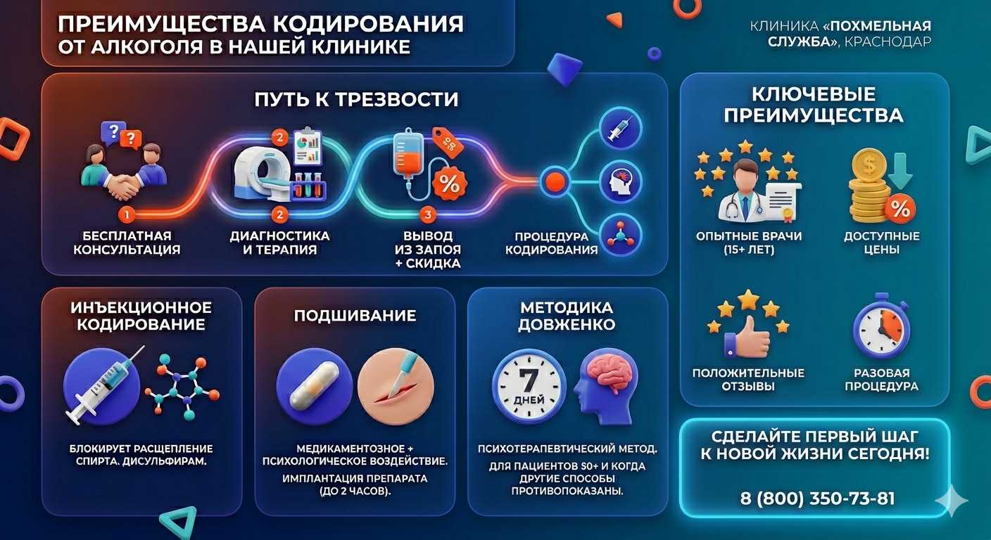 Инфографика о методах кодирования от алкоголя в Ейске: инъекции, подшивание, метод Довженко. Преимущества клиники и этапы лечения.