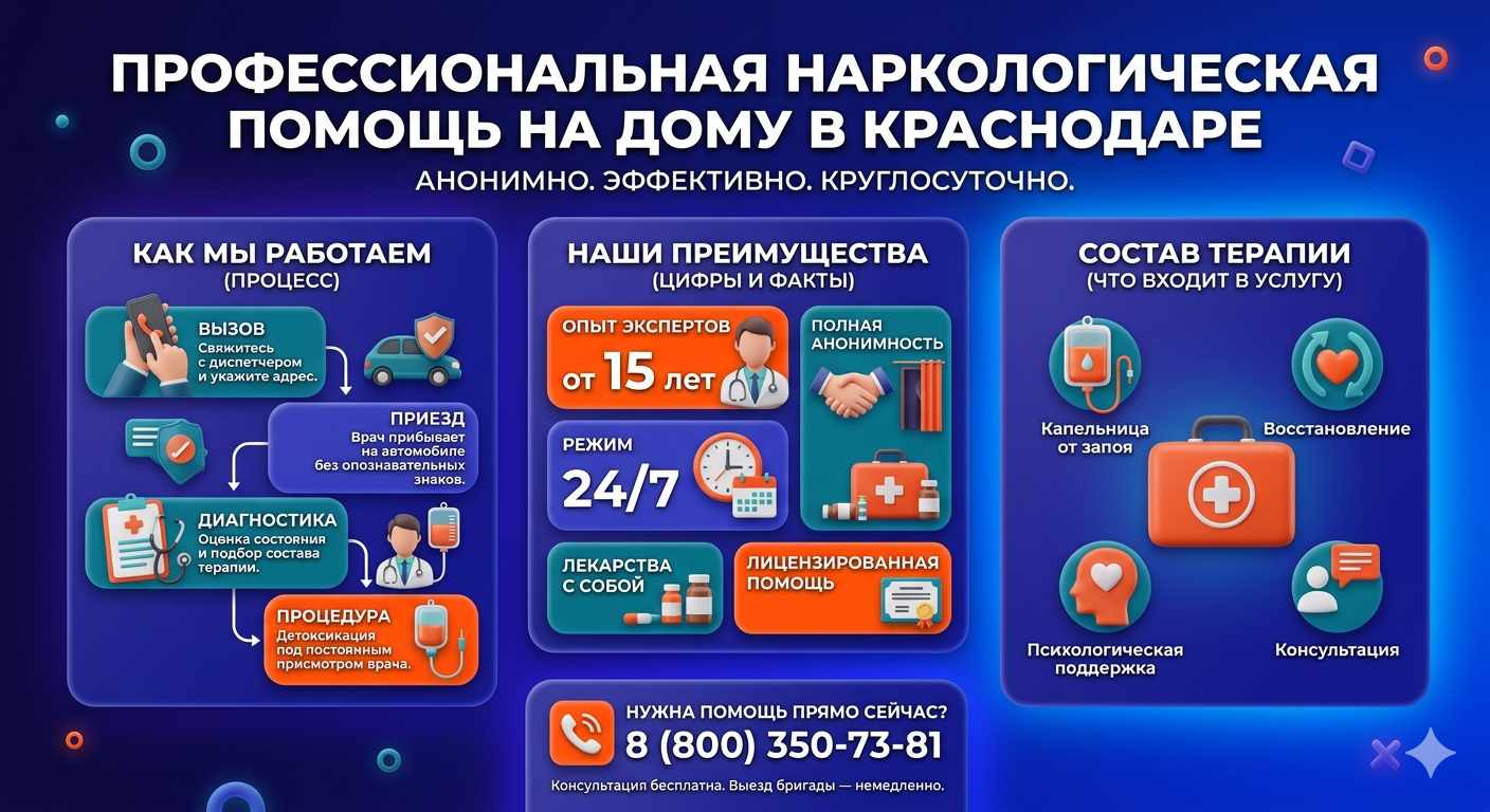 Инфографика о принципах лечения алкоголизма на дому в Ейске: этапы вызова нарколога, преимущества анонимной детоксикации и состав медицинской помощи.